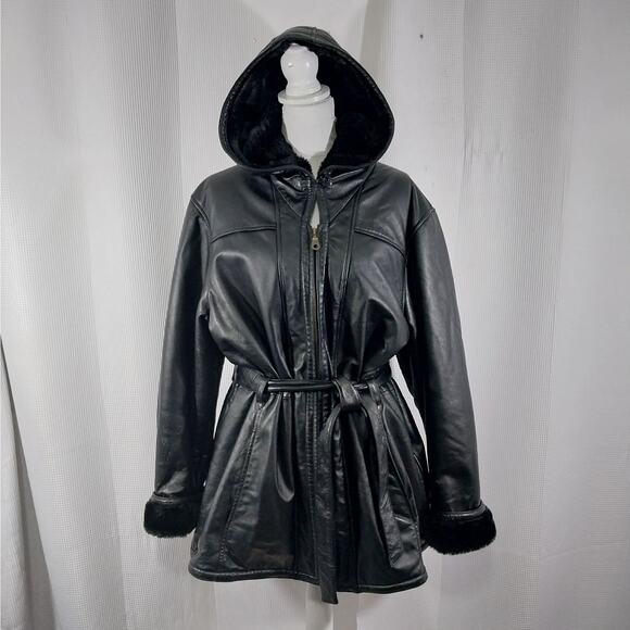 STUNNING BLACK GENUINE LEATHER HOODIE, BELTED WAIST, PLUSH LINED COAT! SZ XL - Picture 5 of 12